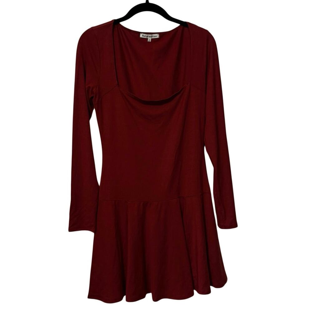 Reformation Burgundy Long Sleeve Flare Mini Dress Size Small - Picture 2 of 6